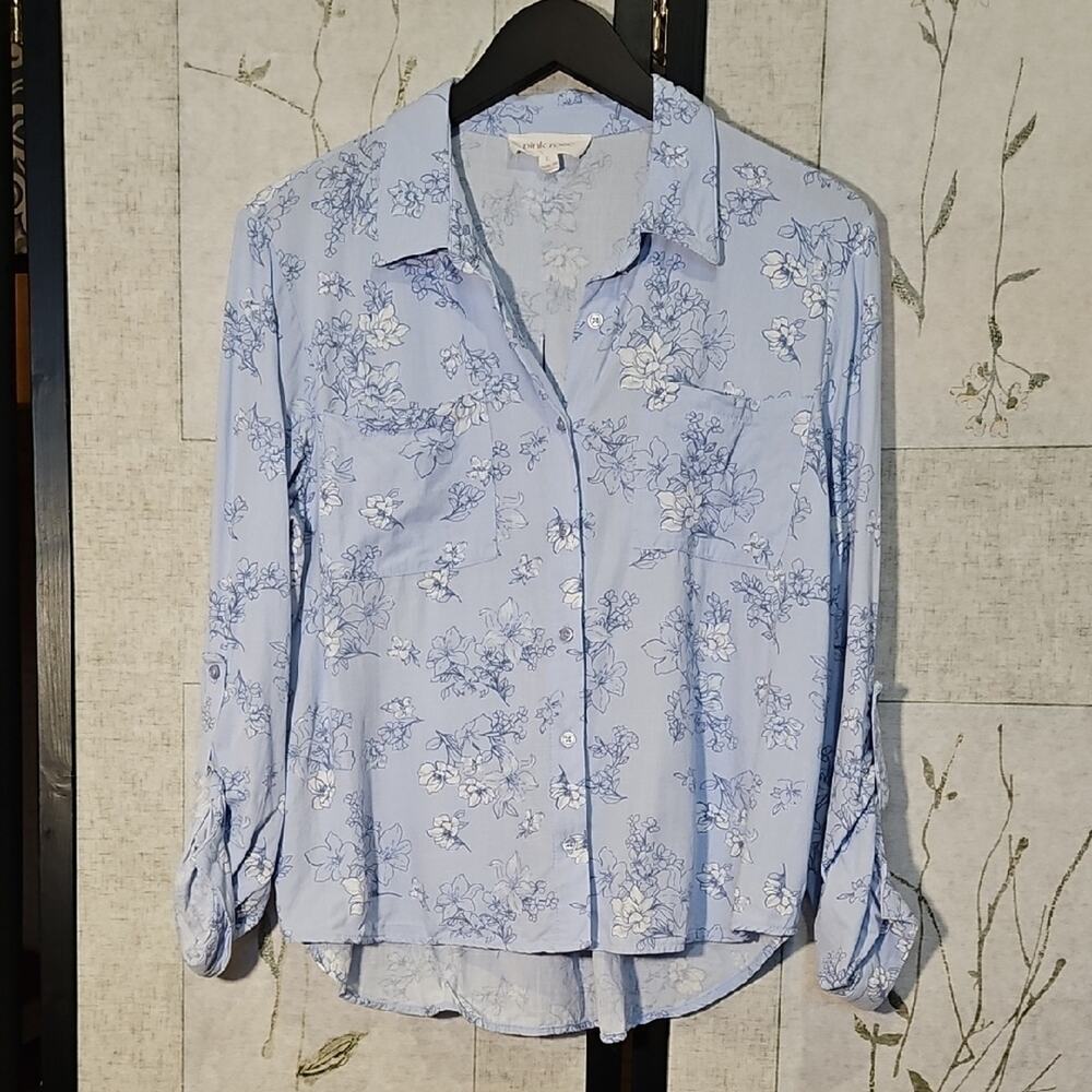 Pink Rose Blue Button Down Shirt with Notched Collar and Long Sleeves